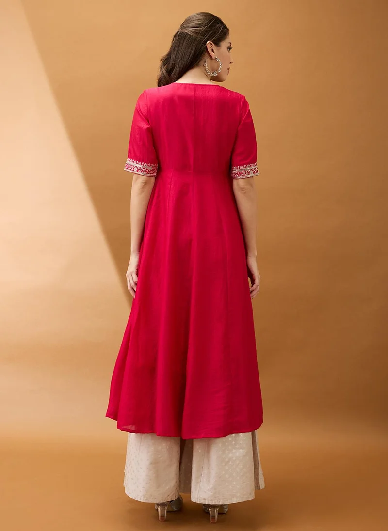 globus Pink Globus Women Pink Sequinned Floral Embroidered Yoke V-Neck Alia Cut A-Line Festive Kurta for Women | Best Price UAE